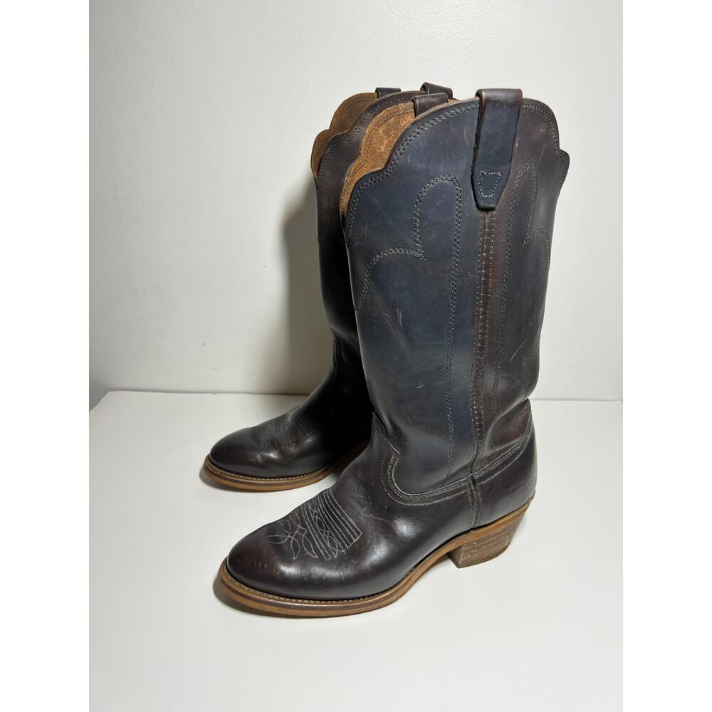 VTG 80's Durango Boss Dark Brown Leather Cowboy Stacked Heel Boot Size 9 D